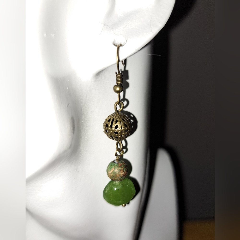 Boho Multimedia Bronze & Shades of Green Beaded Dangle Earrings